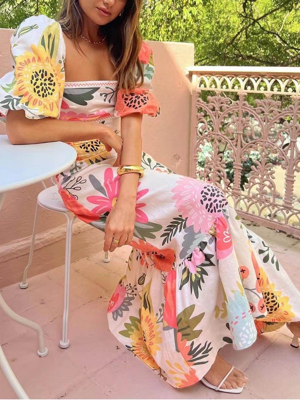 Women's White Maxi Dress | Puff Sleeve