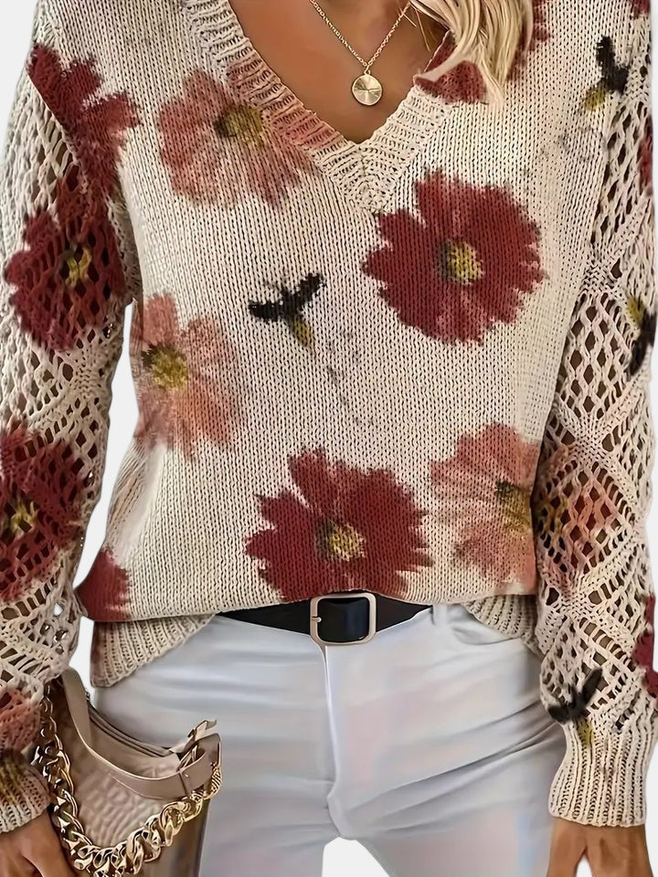 Women's Sweater | Floral Knit V-Neck