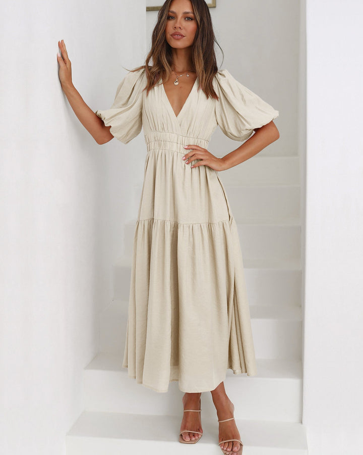 Women's Cocktail Midi Dress | Smocked V-Neck