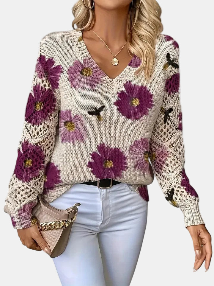Women's Sweater | Floral Knit V-Neck