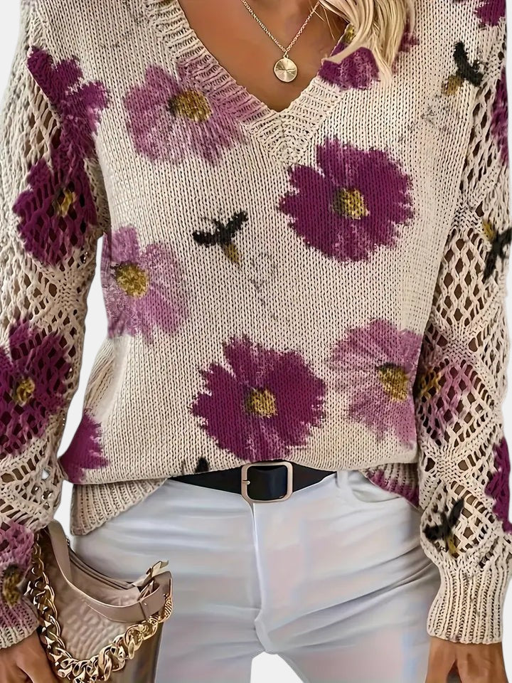 Women's Sweater | Floral Knit V-Neck