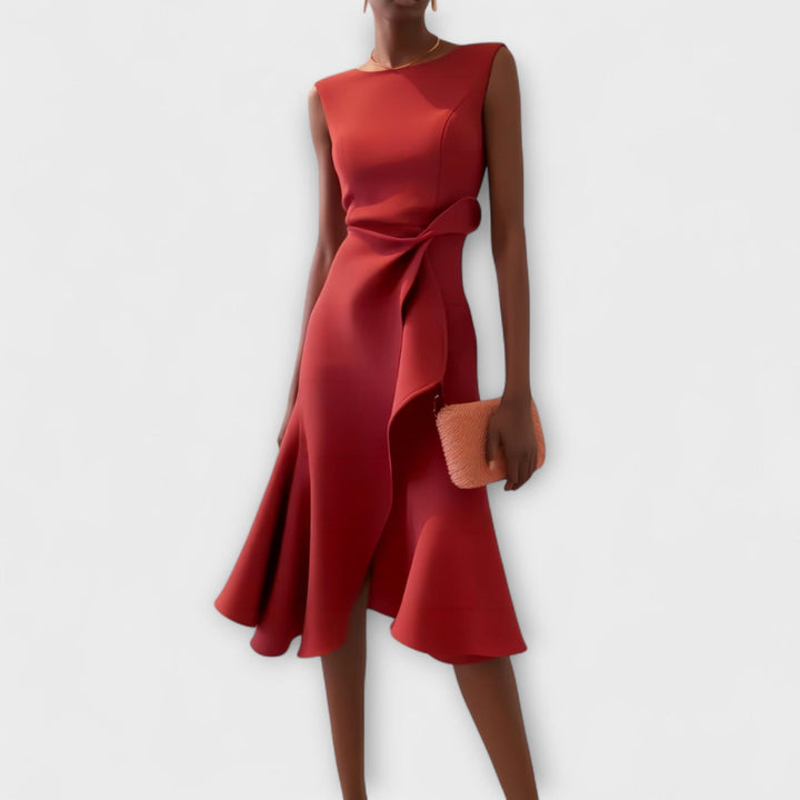 Women's Cocktail Midi Dress | Asymmetric Sleeveless