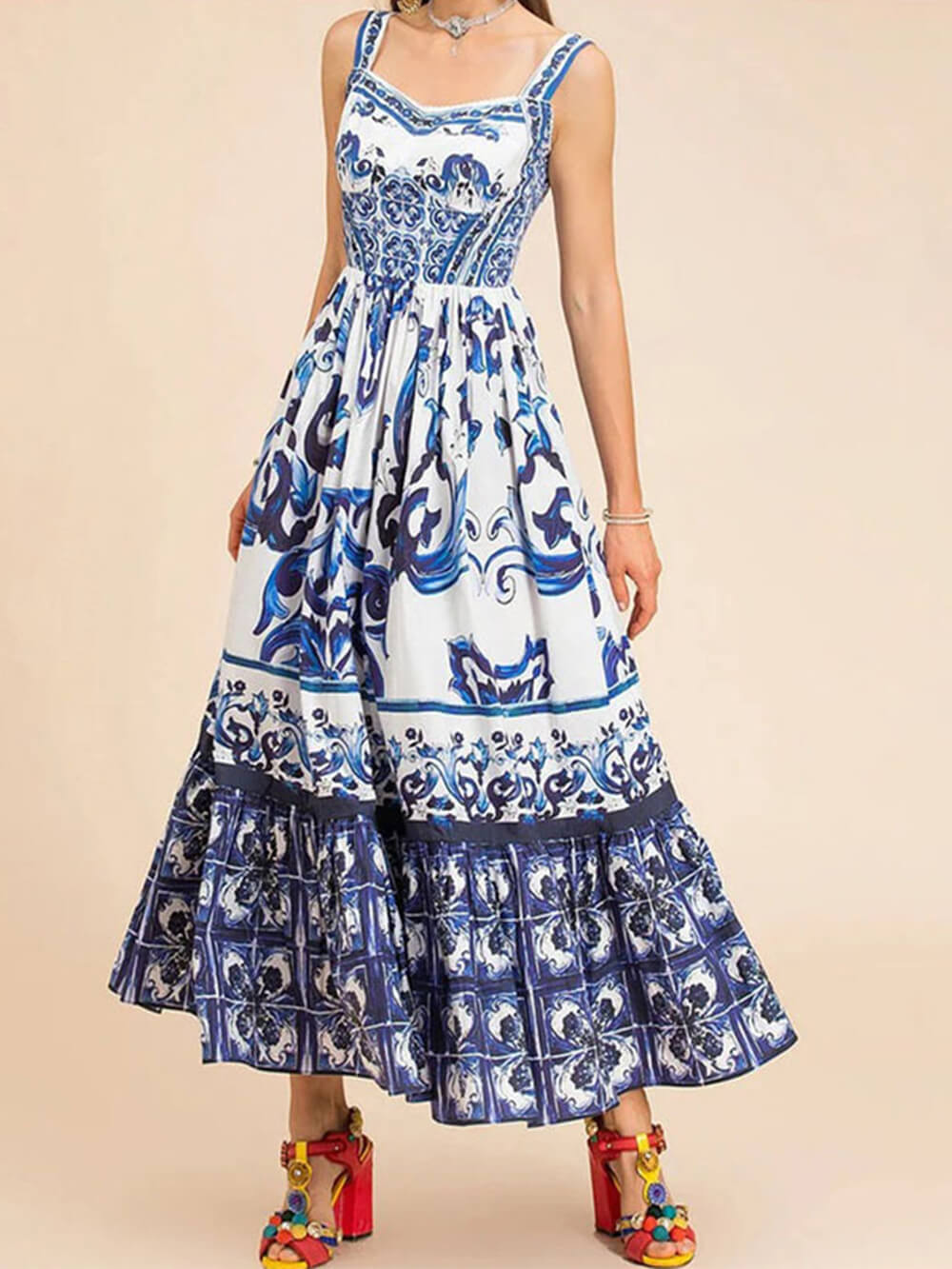 Women's Boho Midi Dress | Square Neck Tiered