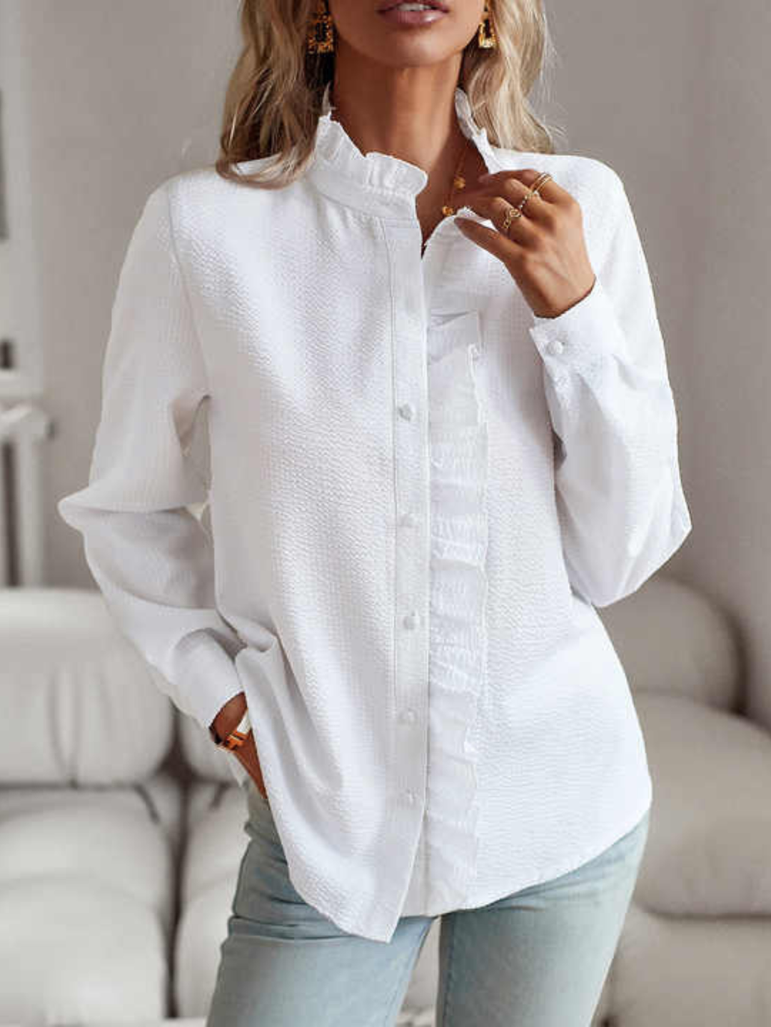 Women’s Blouse | Ruffle Front Button