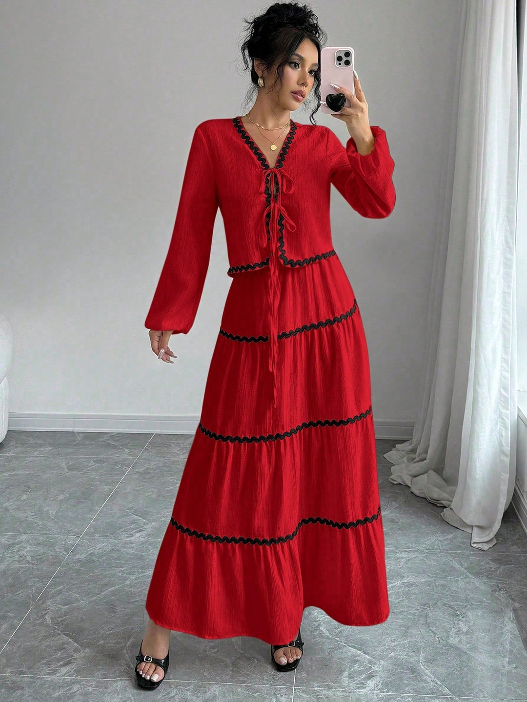 Women's Two-Piece Set | V-Neck Ruffled