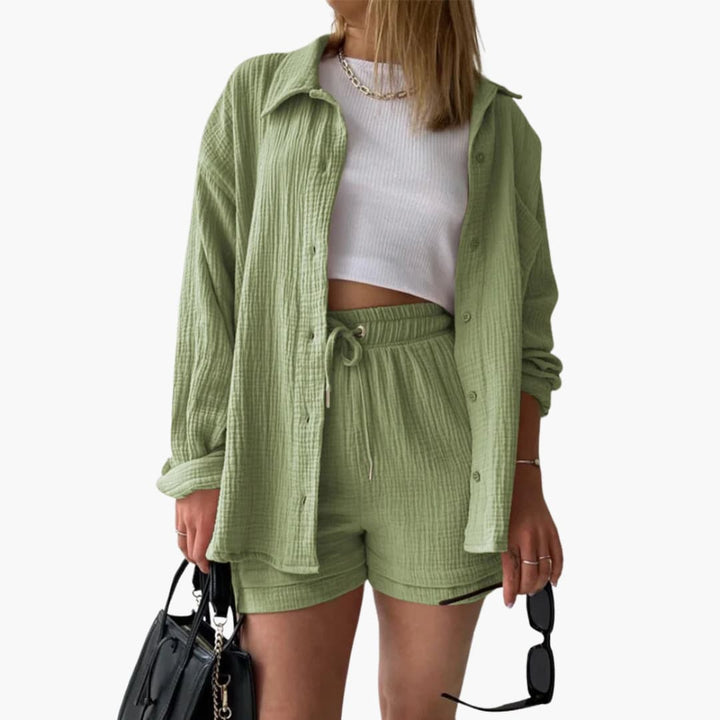 Women's Three-Piece Set |  Button-front Shirt, Top, and Shorts