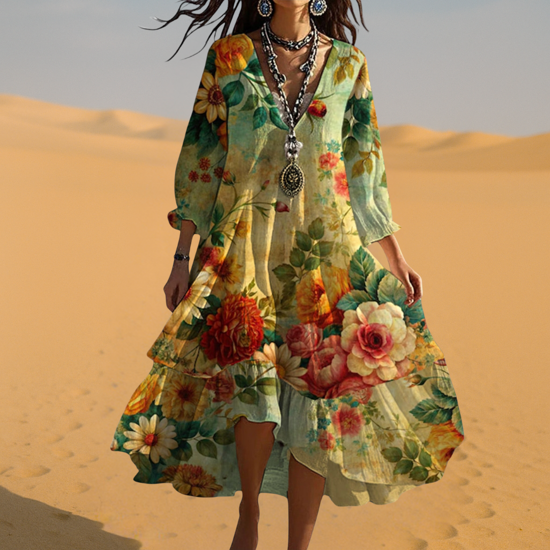 Women's Boho Dress | Floral Midi Dress V-Neck 3/4 Sleeve