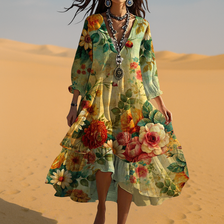 Women's Boho Dress | Floral Midi Dress V-Neck 3/4 Sleeve