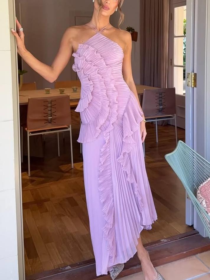 Women's Wedding Guest Maxi Dress | Sleeveless Pleated Asymmetric