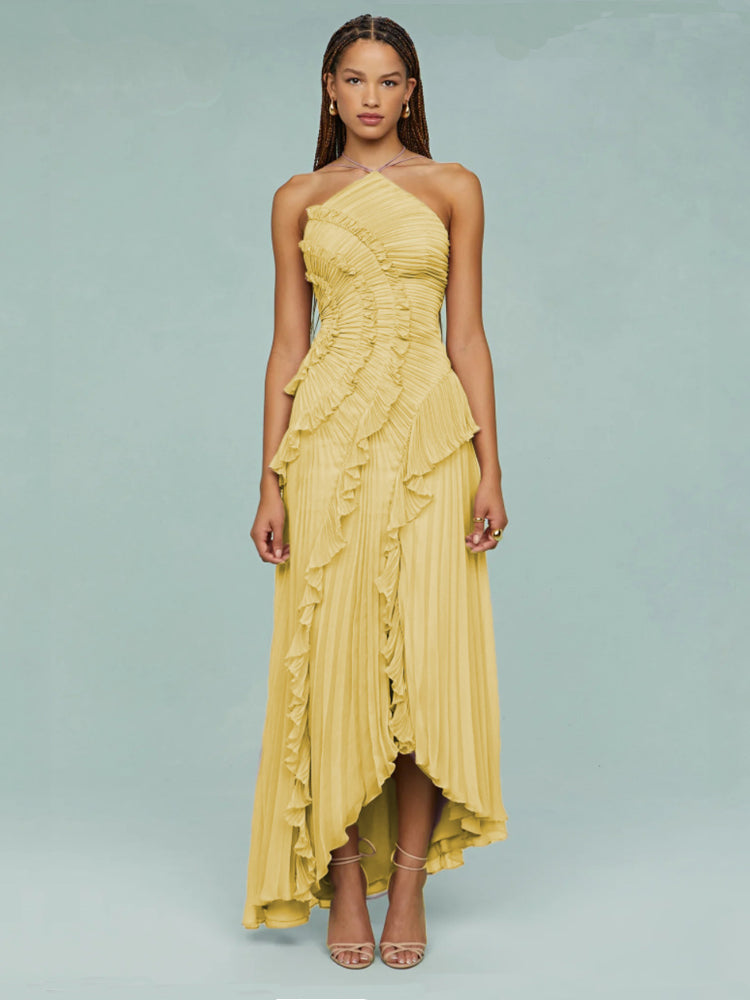 Women's Wedding Guest Maxi Dress | Sleeveless Pleated Asymmetric