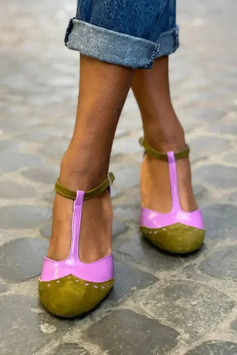 Block Heels for Women |  T-Strap Closed Toe