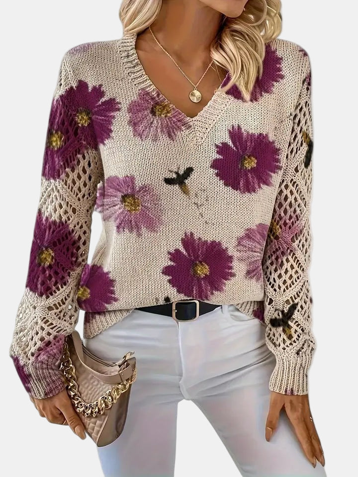 Women's Sweater | Floral Knit V-Neck