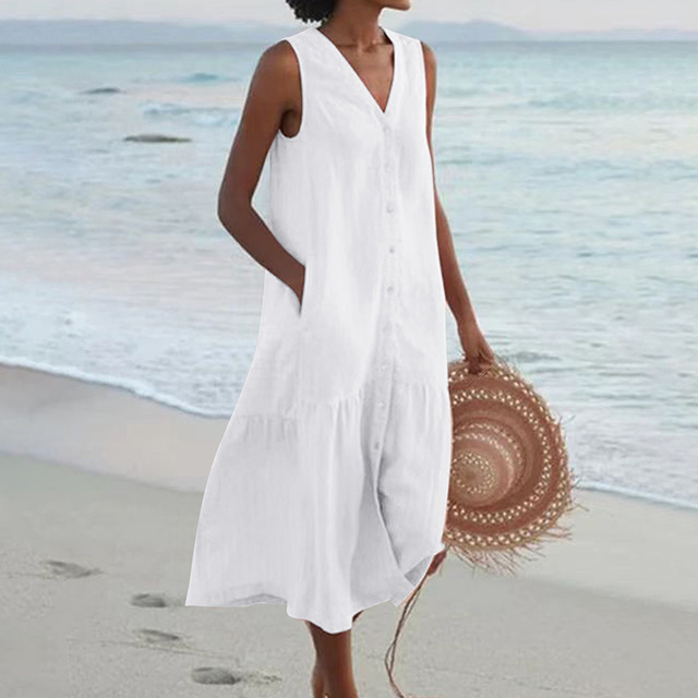 Women's Dress | Sleeveless Midi Button Front