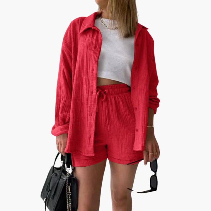 Women's Three-Piece Set |  Button-front Shirt, Top, and Shorts