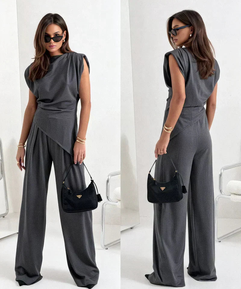 Women's Two-Piece Set | Draped Top and  Wide-leg Pants