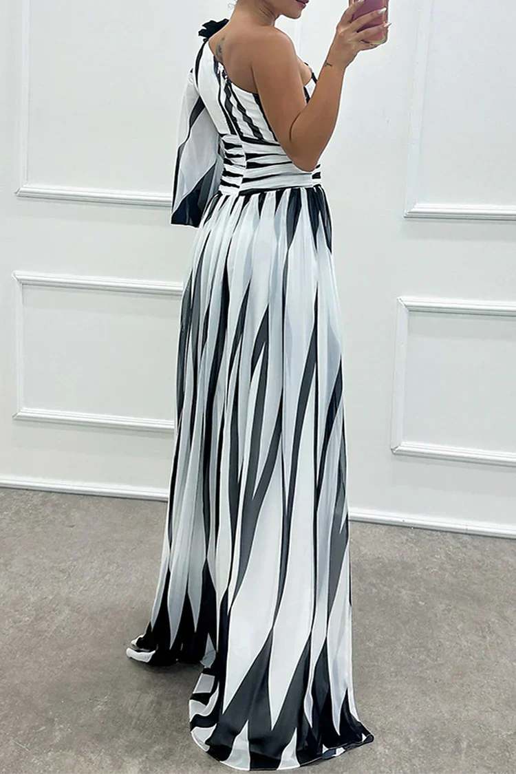 Women's Dress | Striped Maxi One Shoulder Slit
