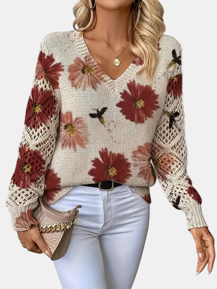 Women's Sweater | Floral Knit V-Neck