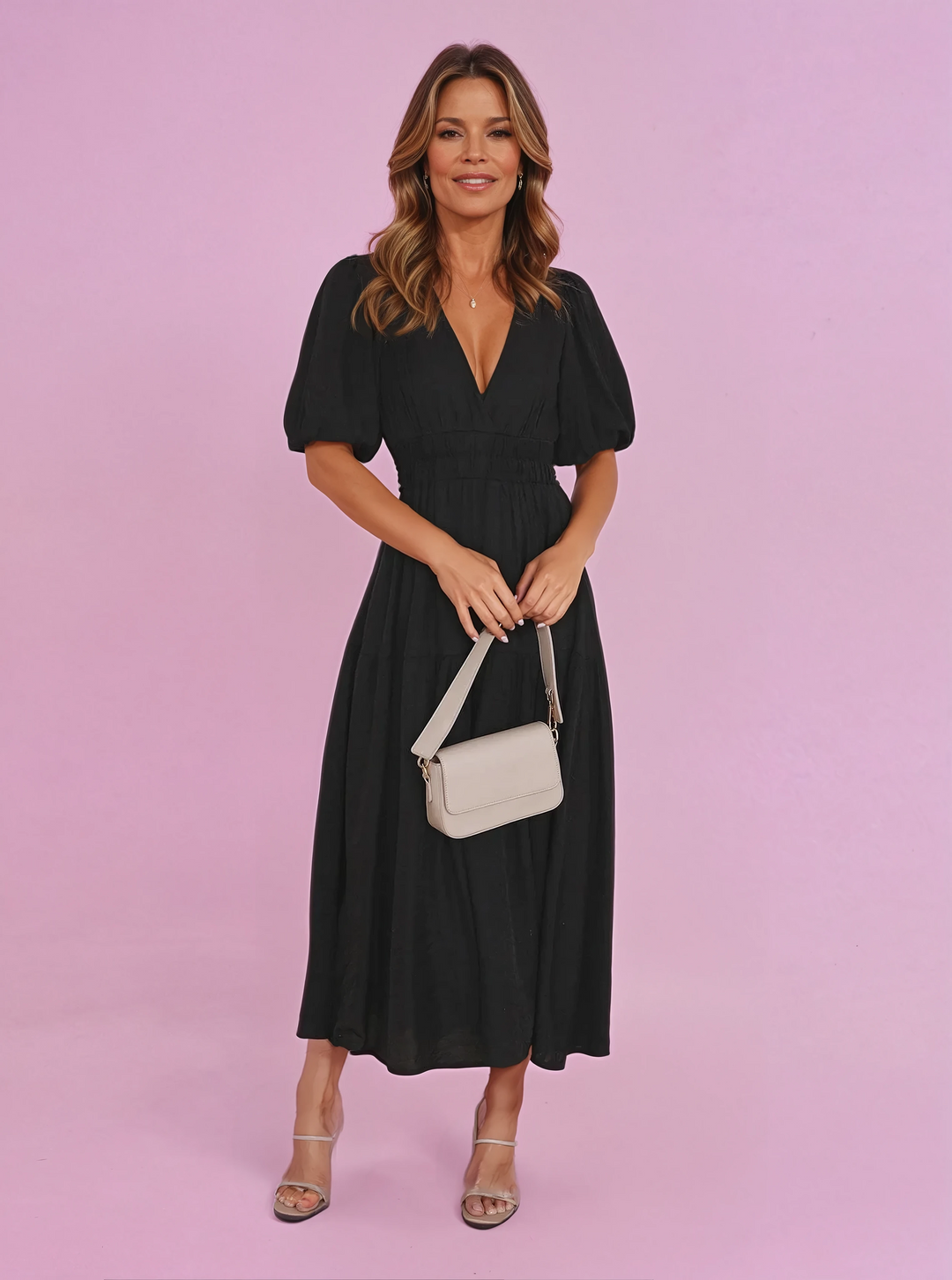 Women's Cocktail Midi Dress | Smocked V-Neck