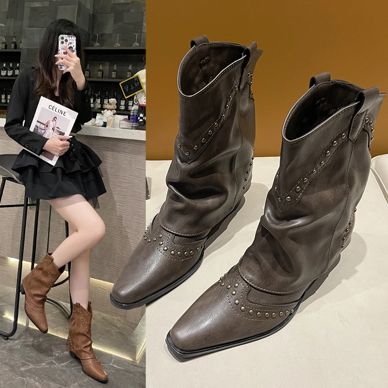 Boots For Women | Ankle Stud Low Heel Slouch