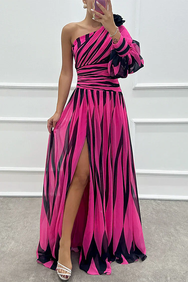 Women's Dress | Striped Maxi One Shoulder Slit
