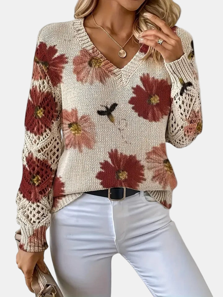 Women's Sweater | Floral Knit V-Neck