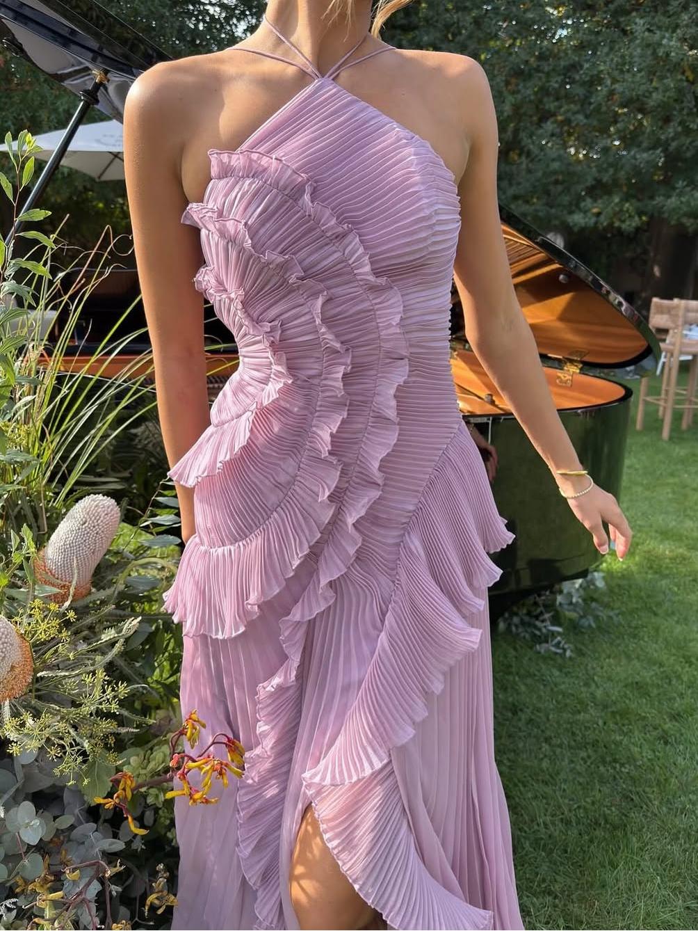 Women's Wedding Guest Maxi Dress | Sleeveless Pleated Asymmetric