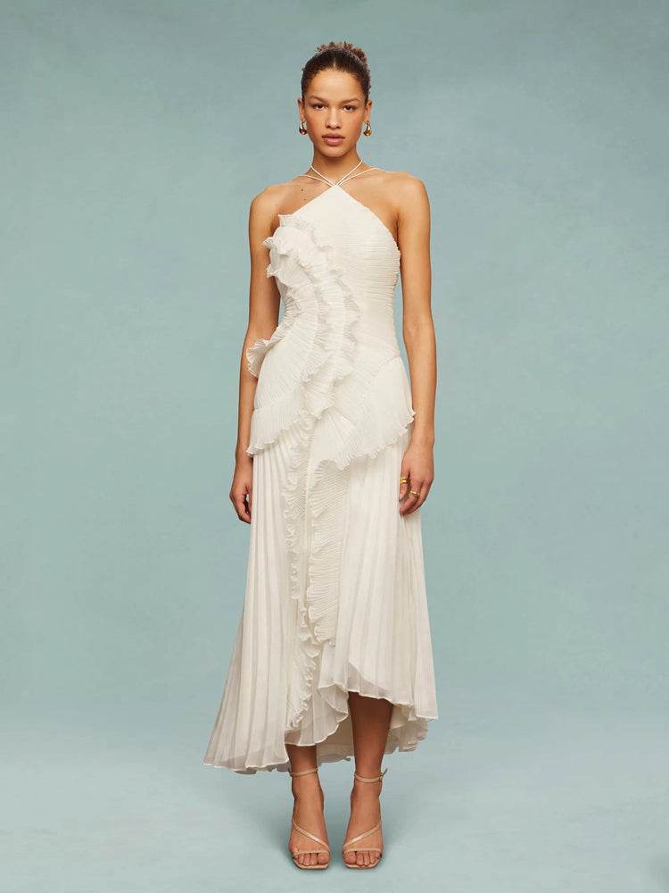Women's Wedding Guest Maxi Dress | Sleeveless Pleated Asymmetric