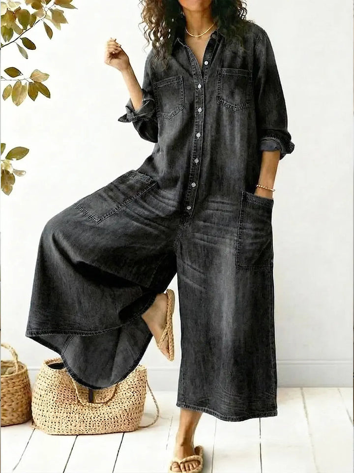 Women's Wide-Leg Jumpsuit | Long Sleeve Button-Front