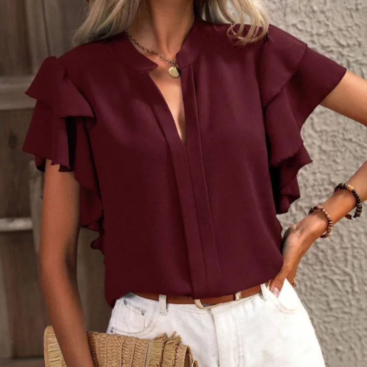 Women’s Blouse | Ruffle Short Sleeve V-shaped Neckline