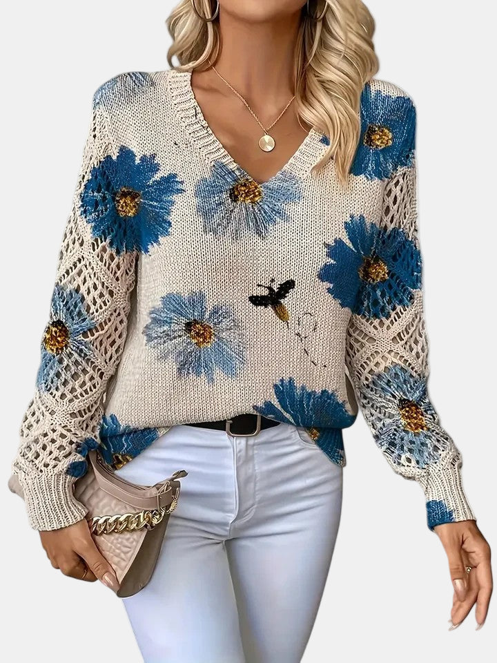 Women's Sweater | Floral Knit V-Neck
