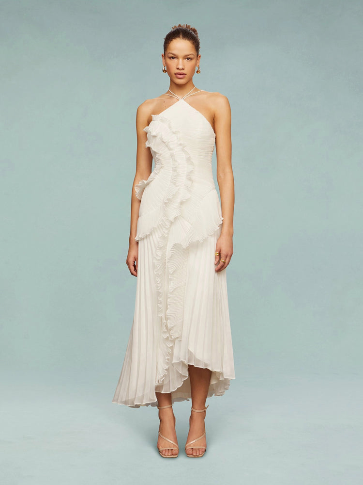 Women's Wedding Guest Maxi Dress | Sleeveless Pleated Asymmetric