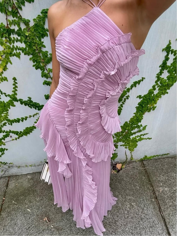 Women's Wedding Guest Maxi Dress | Sleeveless Pleated Asymmetric
