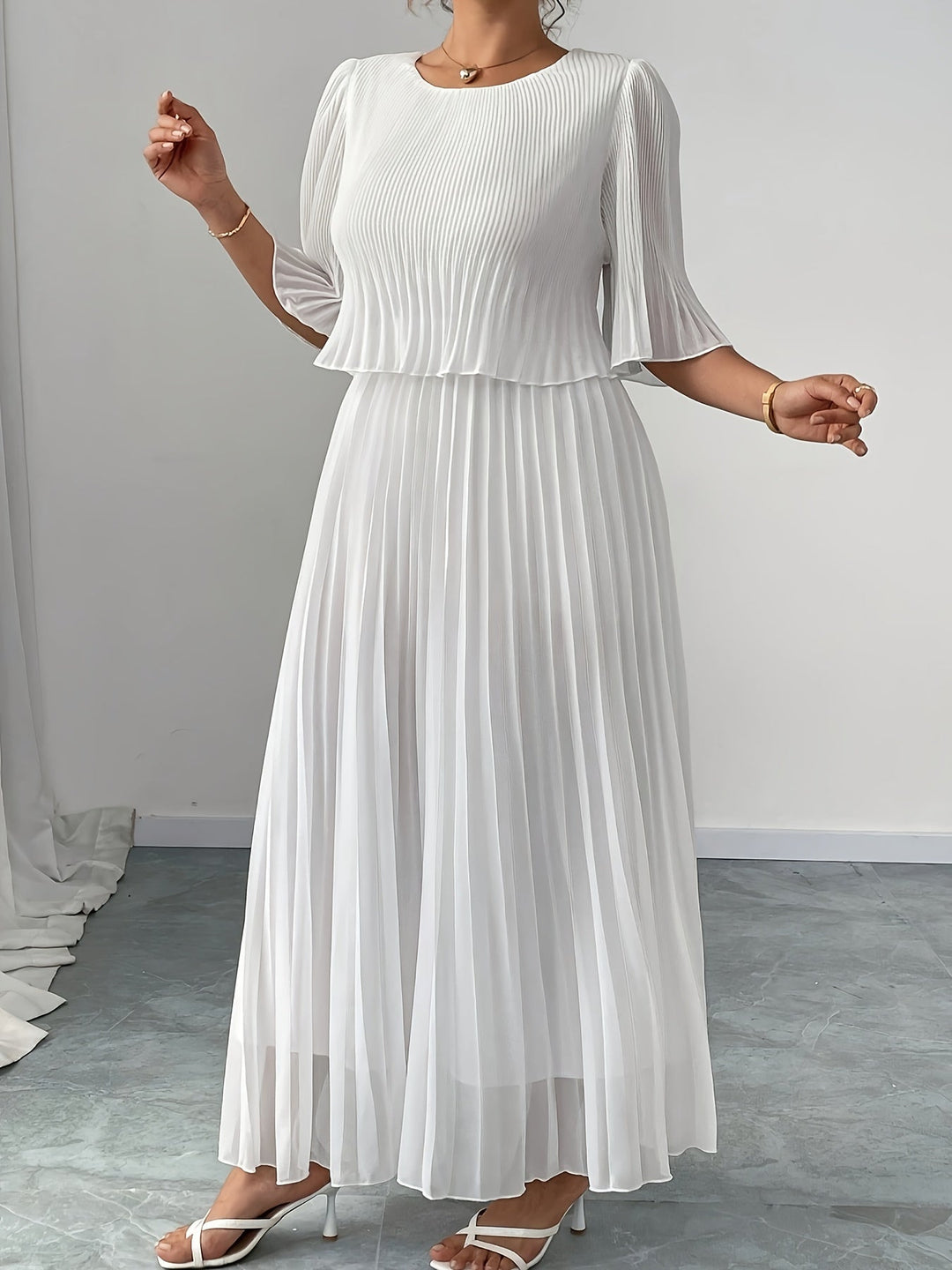 Women's Wedding Guest Maxi Dress | White Pleated A-Line