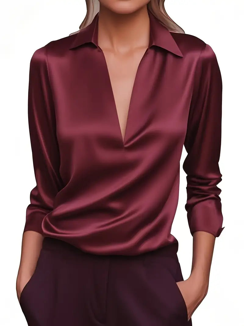 Women’s Blouse | Long Sleeve Collared V-Neck