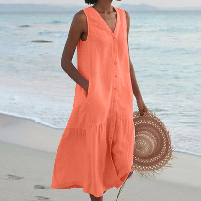 Women's Dress | Sleeveless Midi Button Front