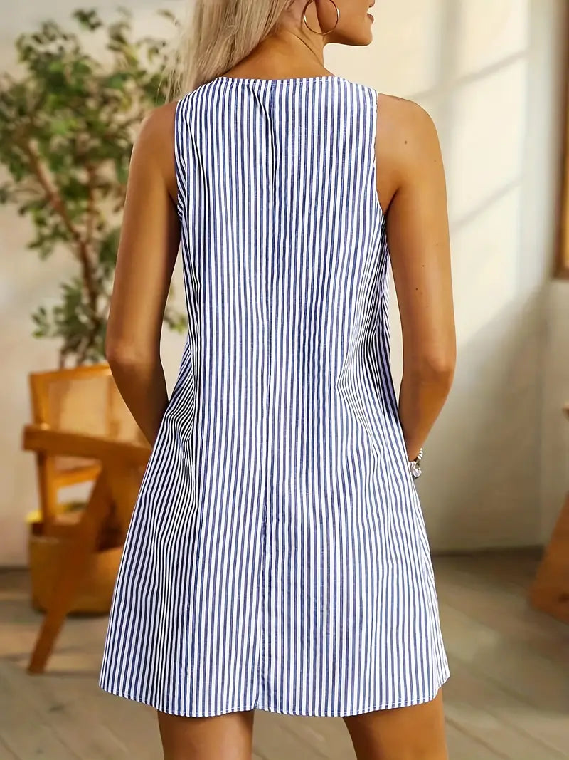 Women's Dress | Sleeveless Striped Scoop Neck Pocket Mini