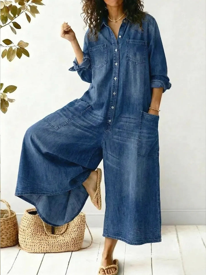 Women's Wide-Leg Jumpsuit | Long Sleeve Button-Front