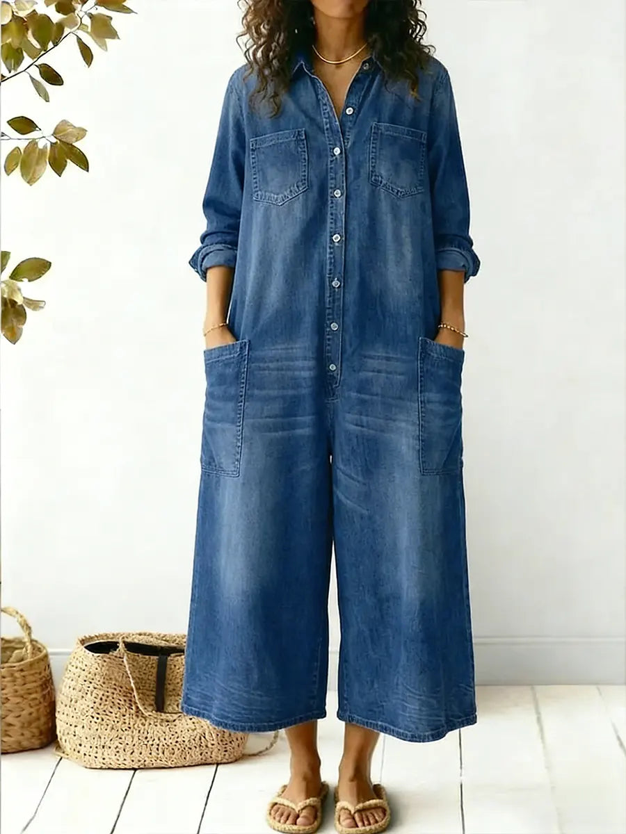 Women's Wide-Leg Jumpsuit | Long Sleeve Button-Front
