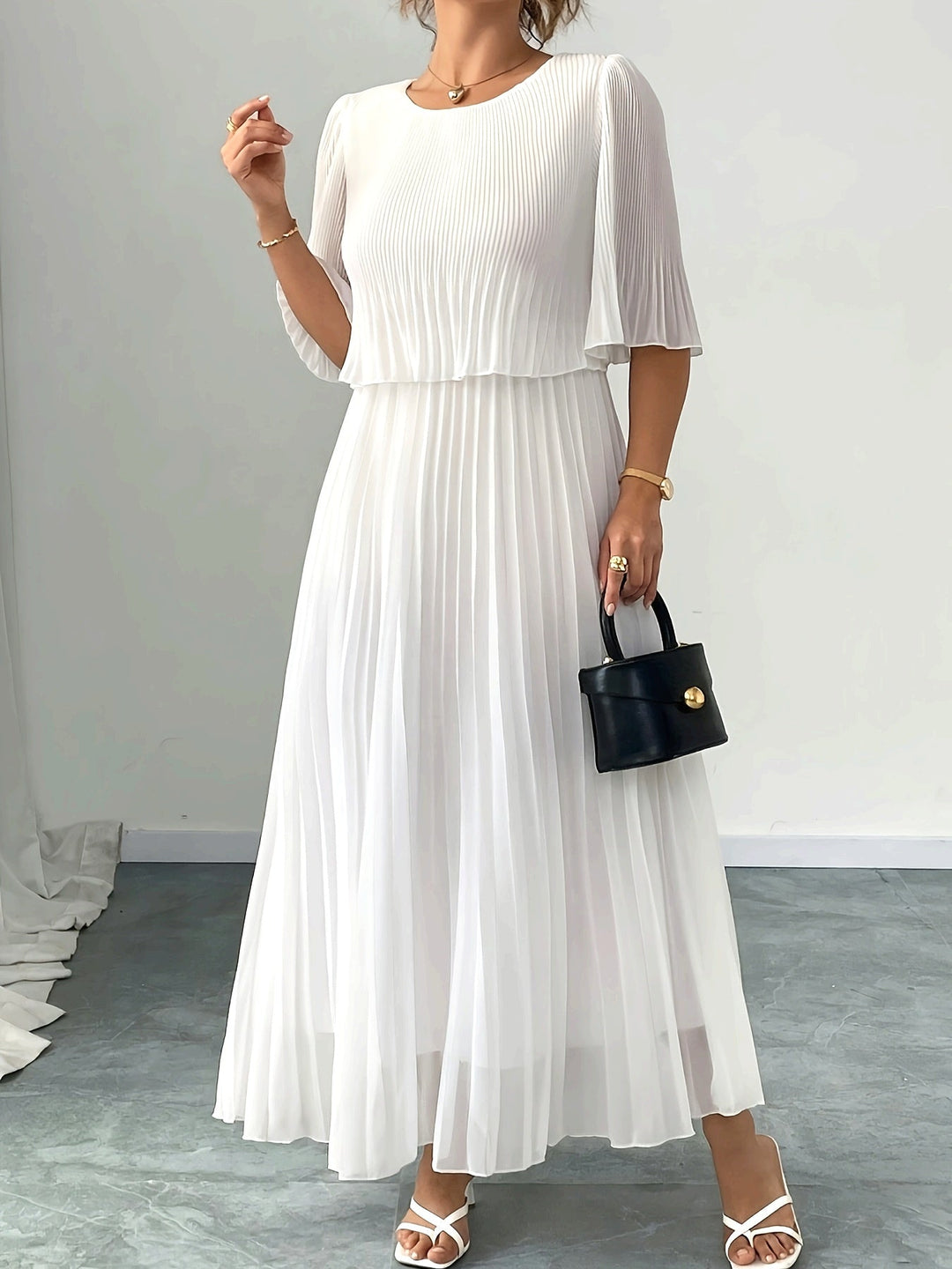 Women's Wedding Guest Maxi Dress | White Pleated A-Line