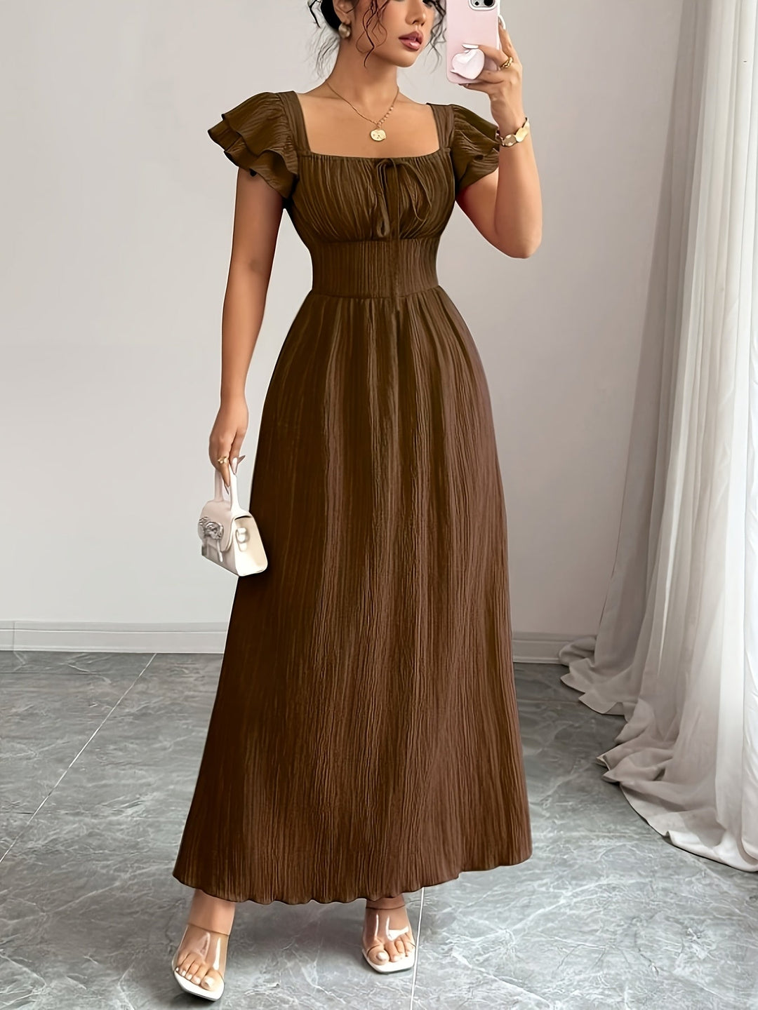 Women's Brown Maxi Dress | A-Line Square Neck
