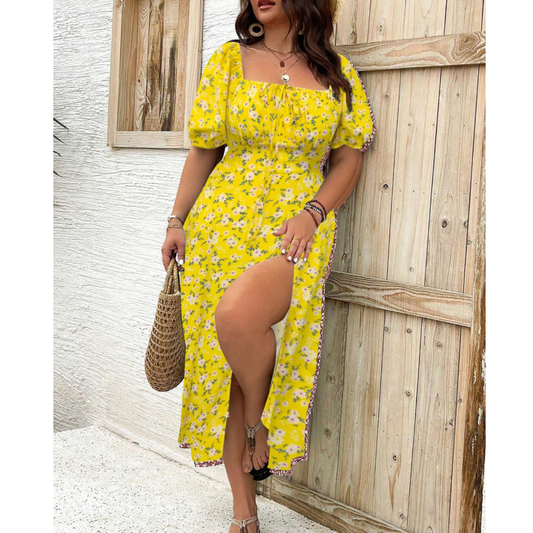 Women's Dress | Puff Sleeve Slit Midi