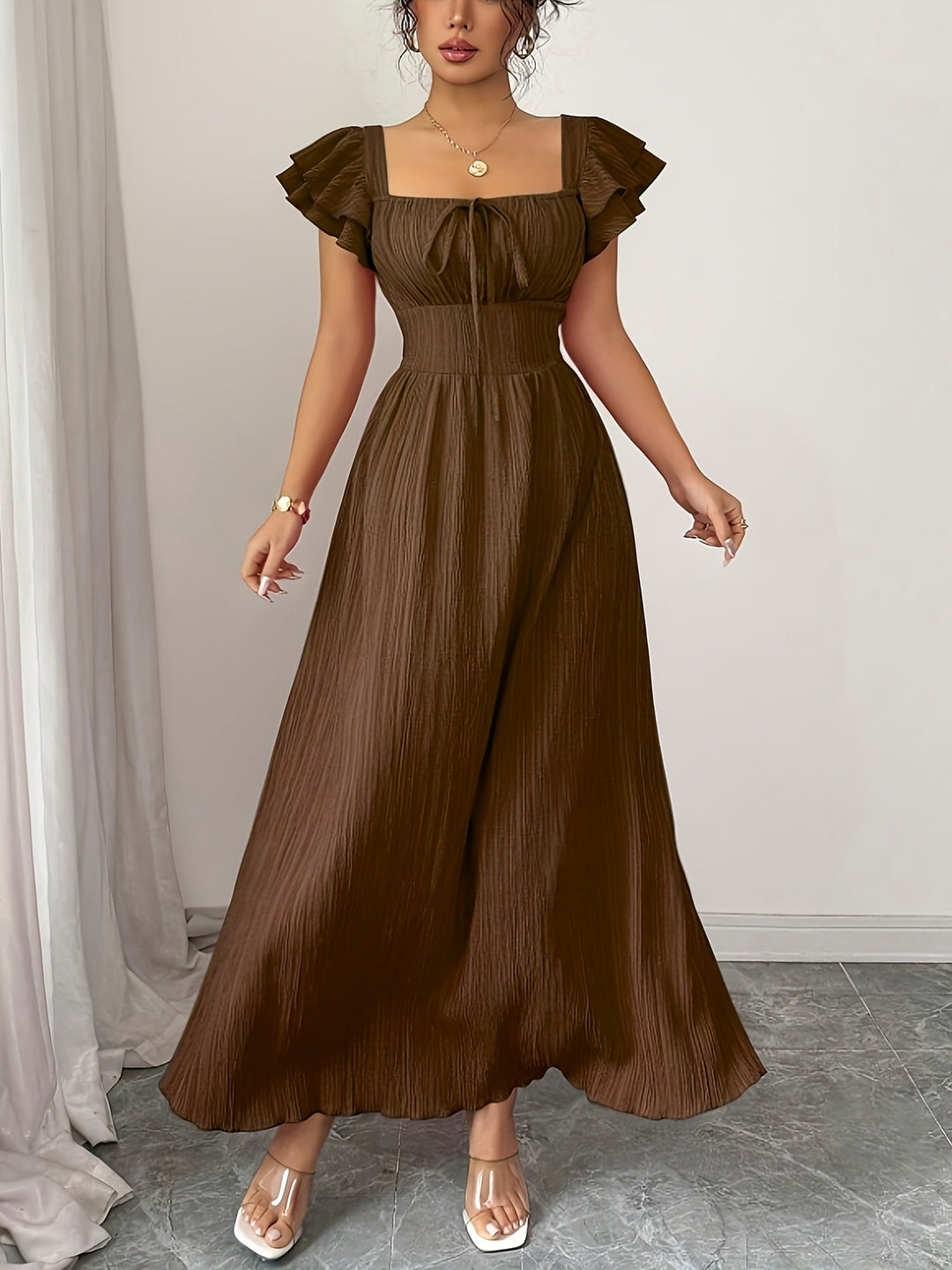 Women's Brown Maxi Dress | A-Line Square Neck