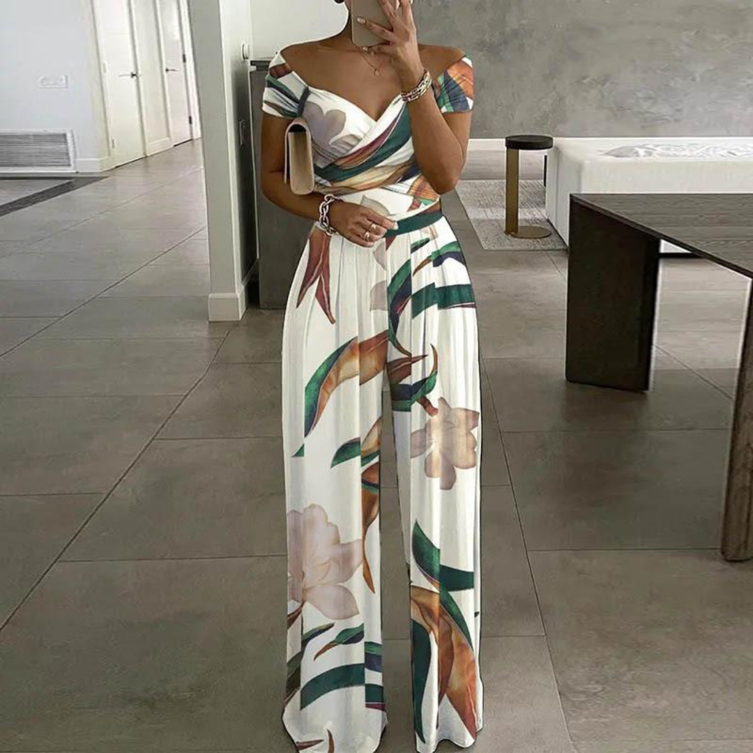 Women's Wide-Leg Jumpsuit | Off-Shoulder Wrap Floral