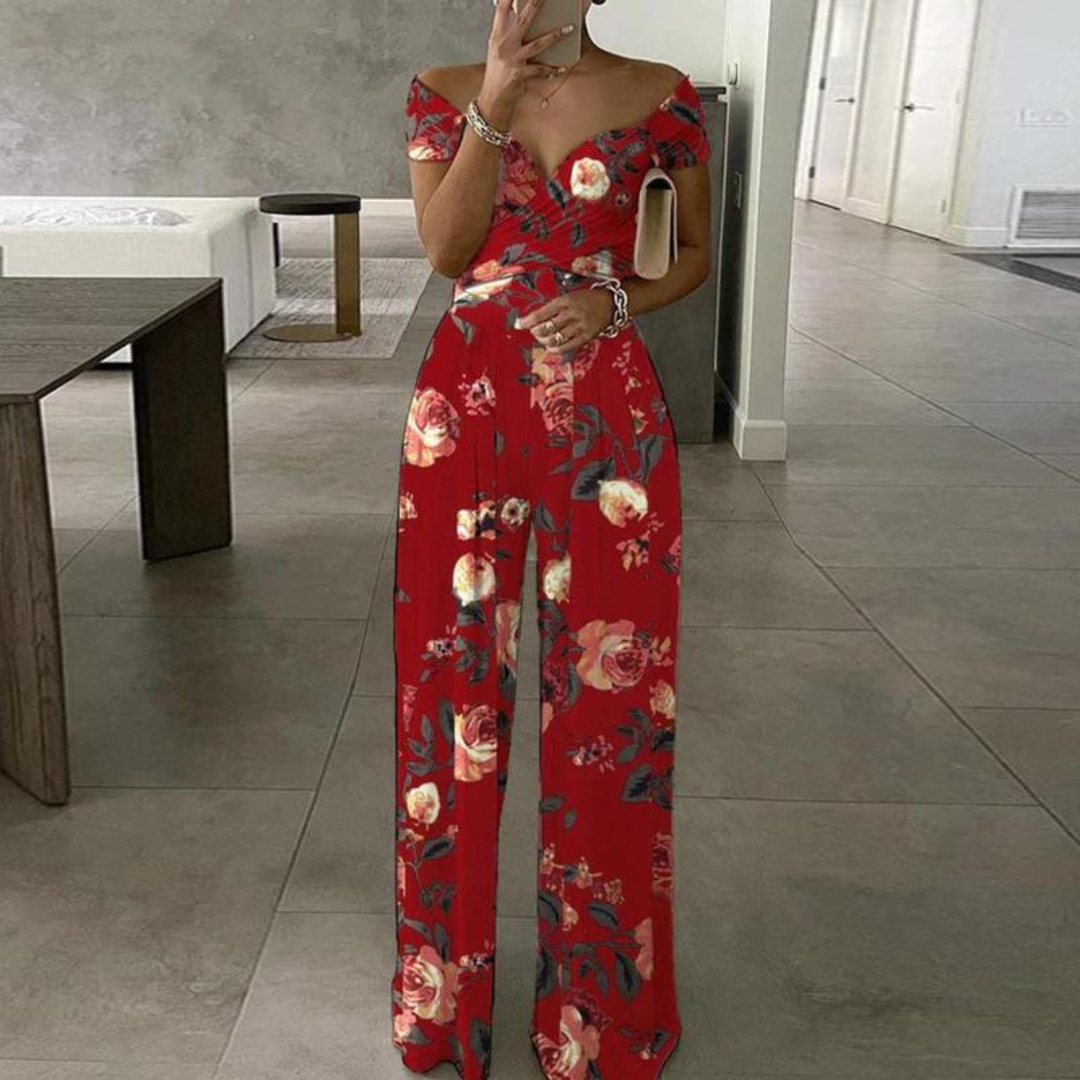 Women's Wide-Leg Jumpsuit | Off-Shoulder Wrap Floral