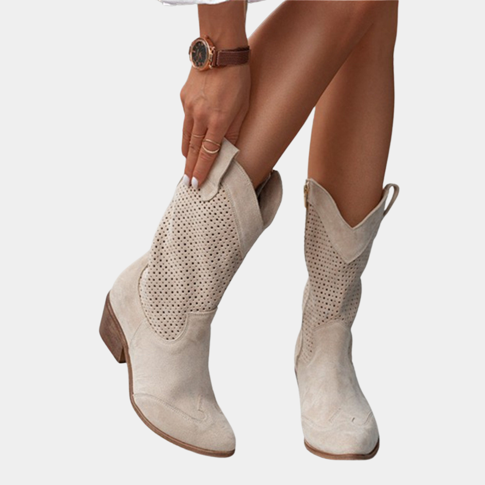 Boots For Women | Mid Calf Block Heel With Perforated Shaft