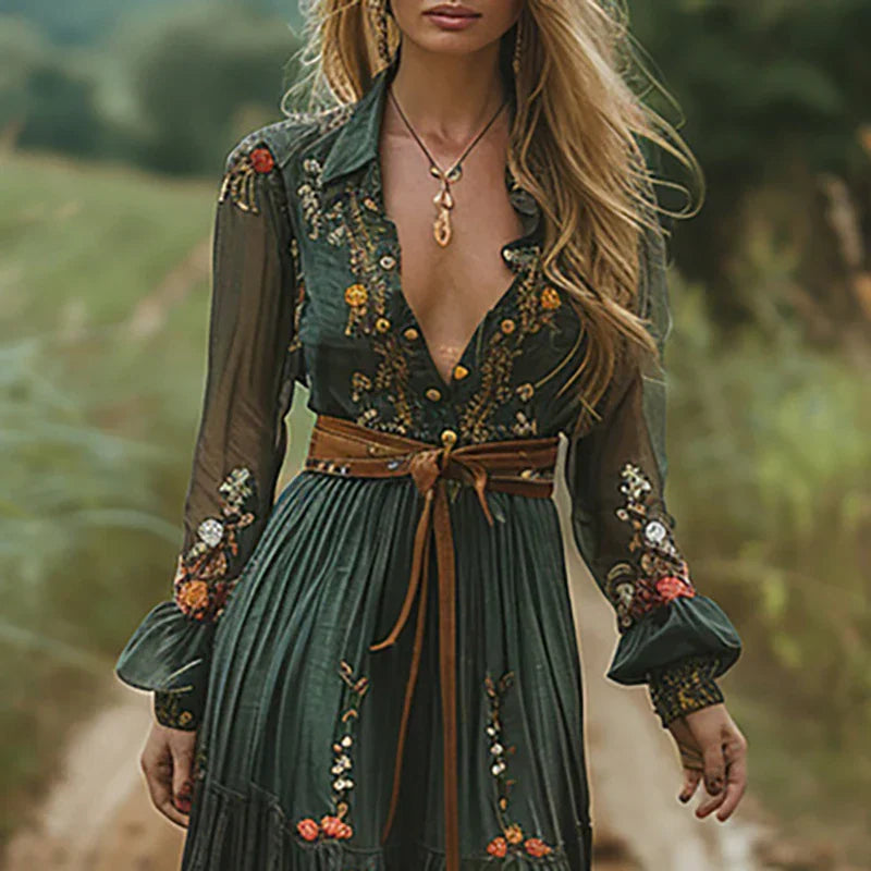 Women's Bohemian Dress | Embroidered V Neck Maxi