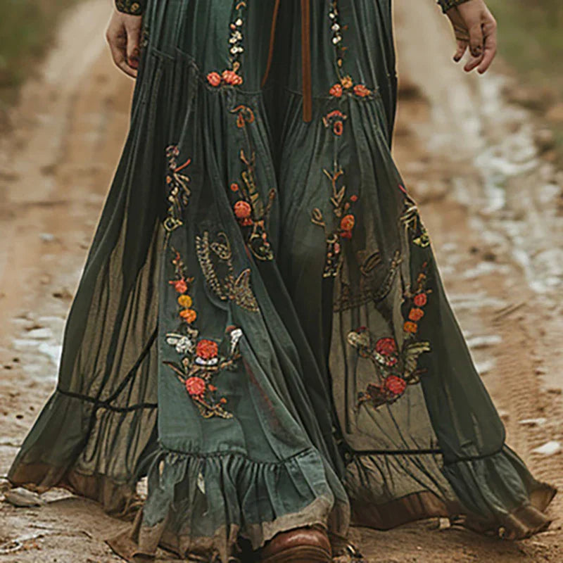 Women's Bohemian Dress | Embroidered V Neck Maxi
