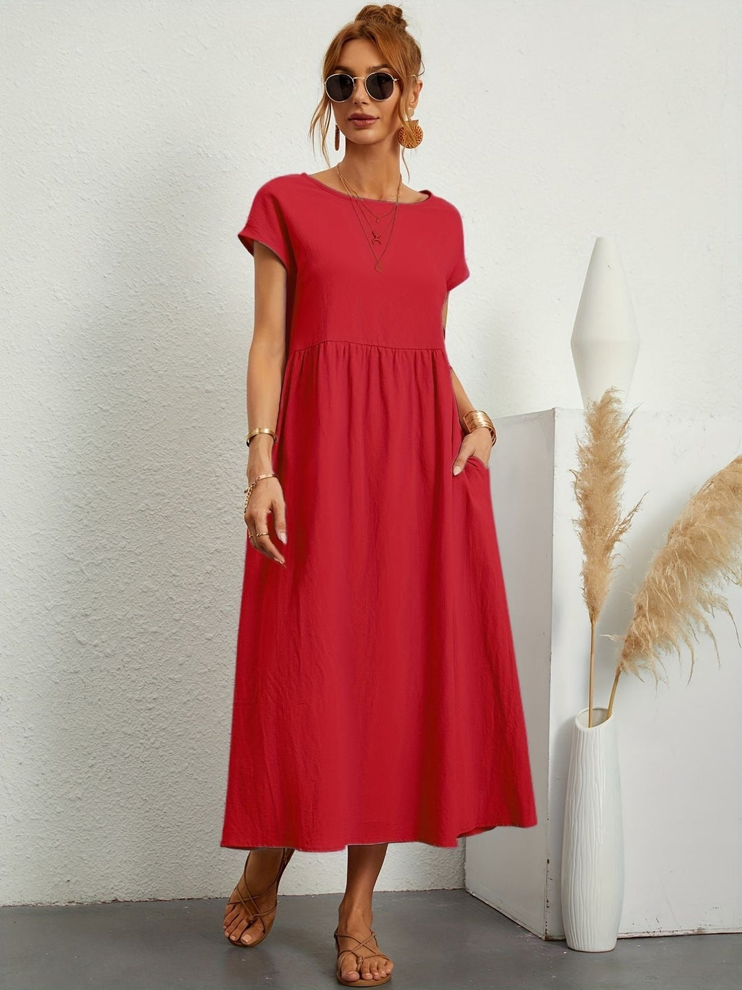 Women's Dress | Loose Maxi Round Neck Pocket