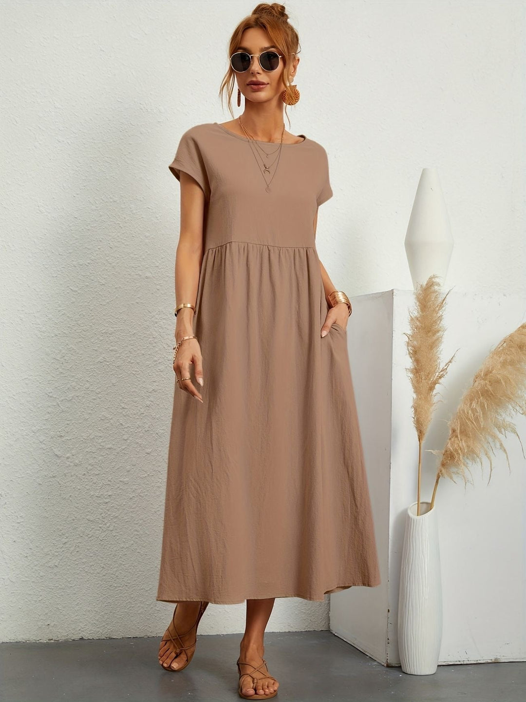 Women's Dress | Loose Maxi Round Neck Pocket