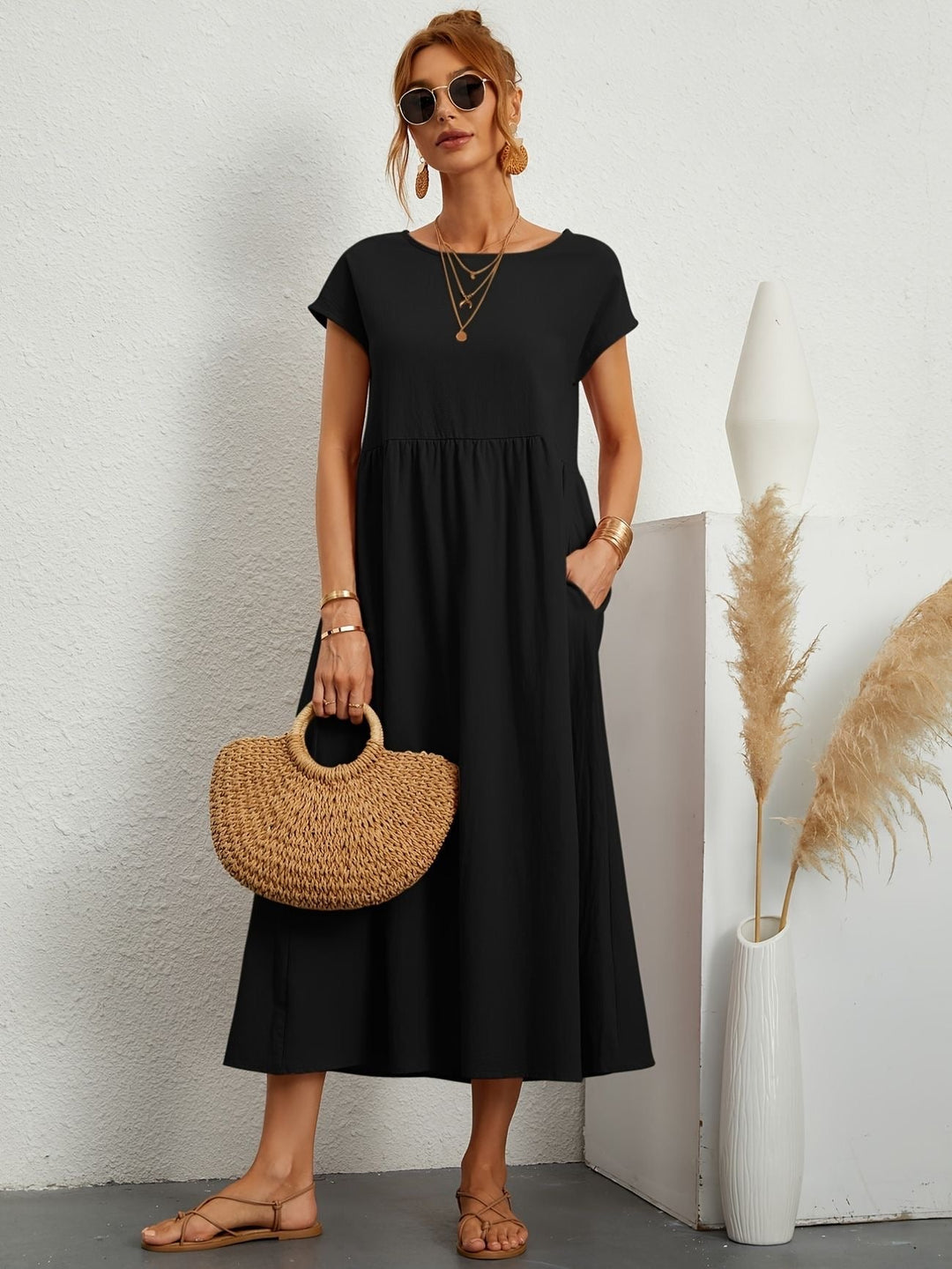 Women's Dress | Loose Maxi Round Neck Pocket